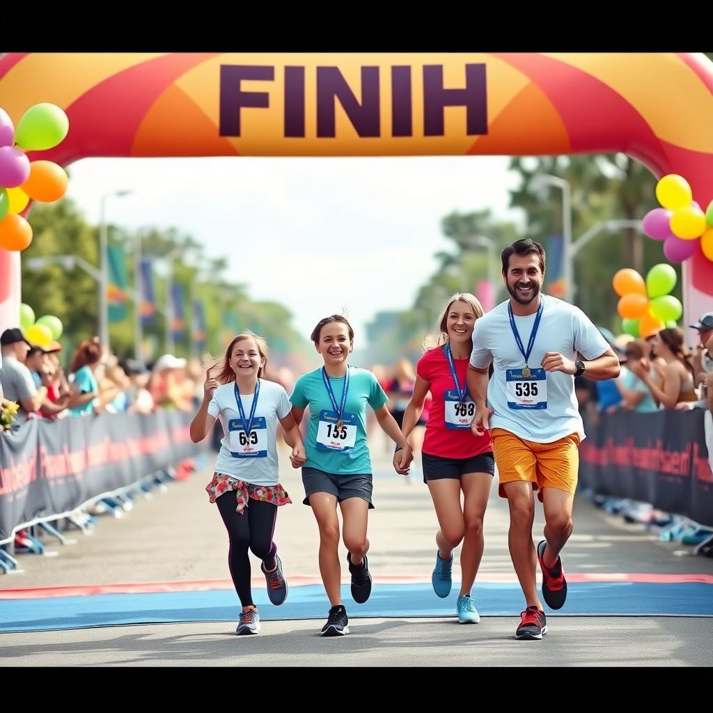 A family joyfully crossing the finish line of a 5K race, holding hands and wearing medals.
