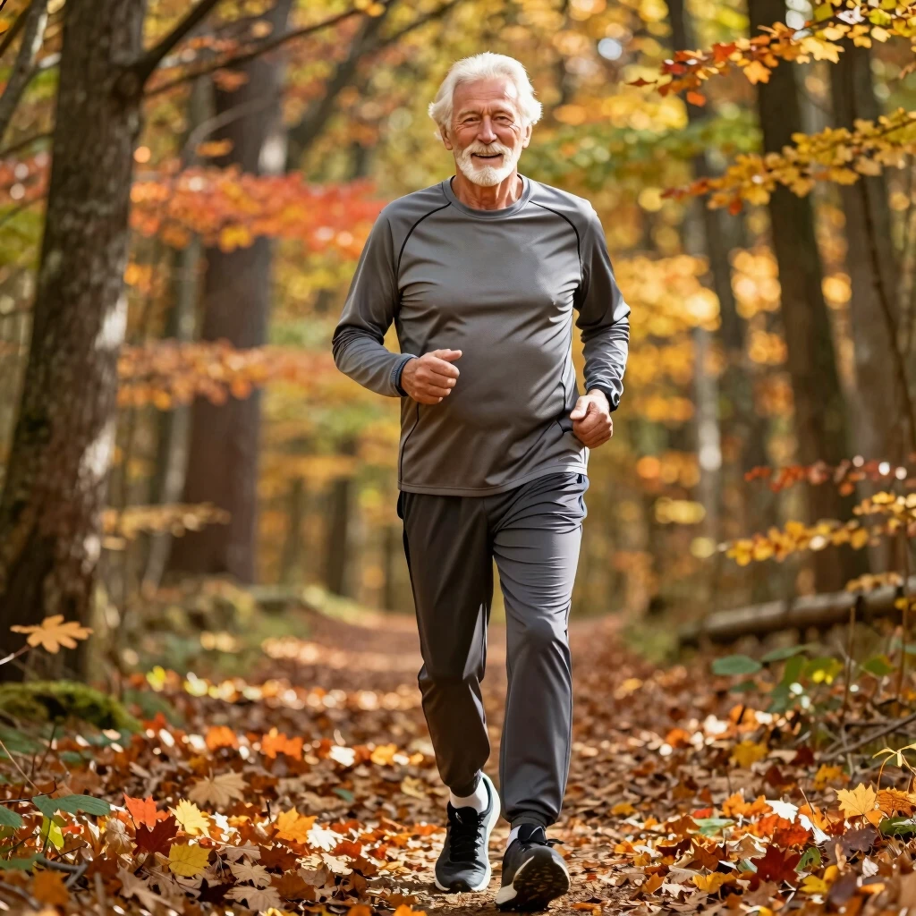Elderly man enjoying a brisk walk in nature, embodying active lifestyle for longevity