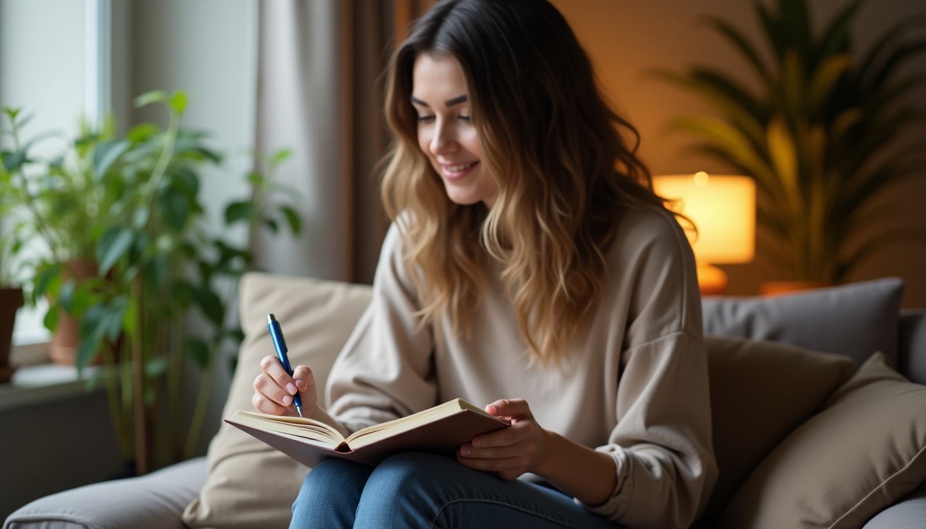 Individual reflecting on therapy progress with notebook