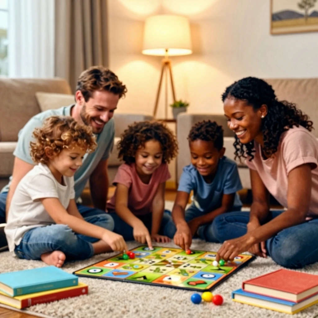 Happy family playing a board game together in the living room