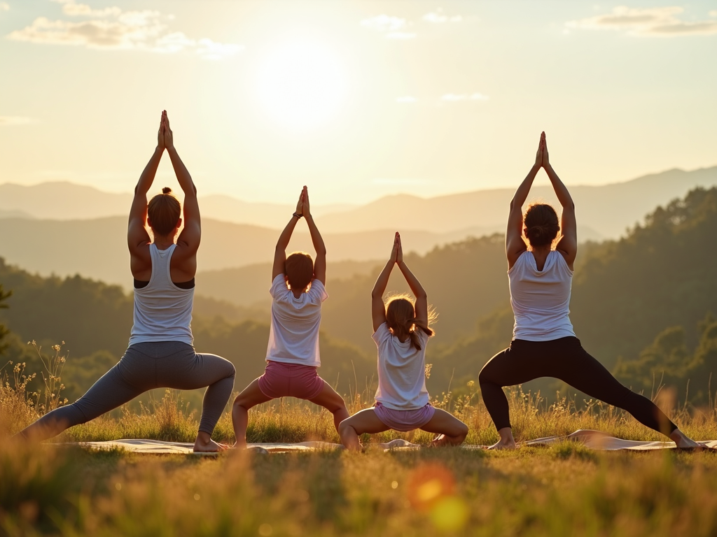 Family practicing yoga outdoors