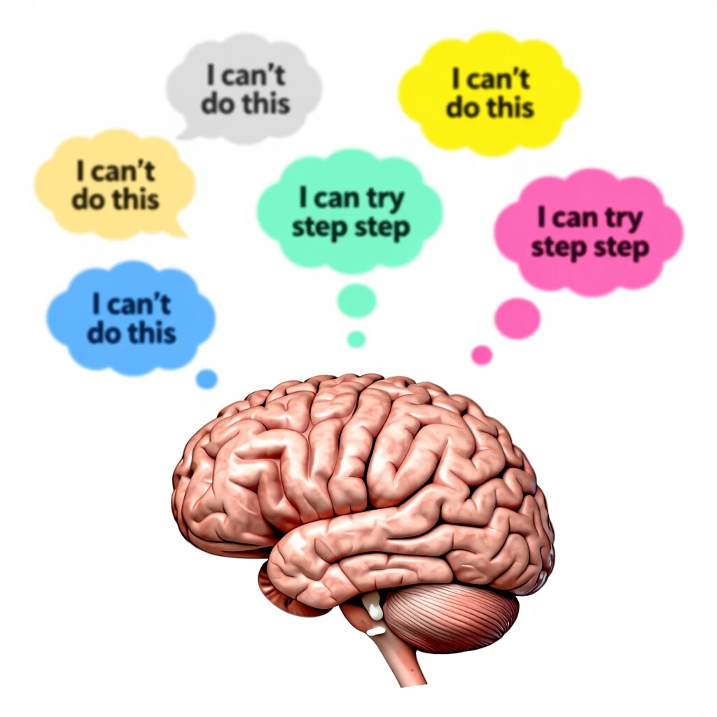 Illustration of brain reframing negative thoughts in cognitive behavioral therapy