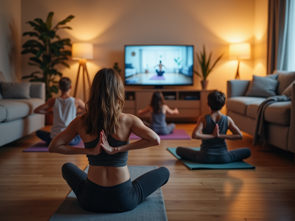 A family practicing yoga indoors, staying active and mindful together.