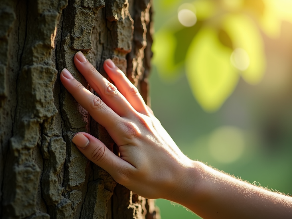 Hand feeling tree bark mindfully