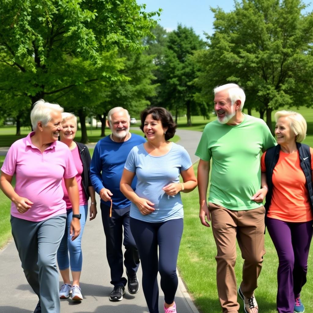 Group of seniors walking and talking in a sunny park