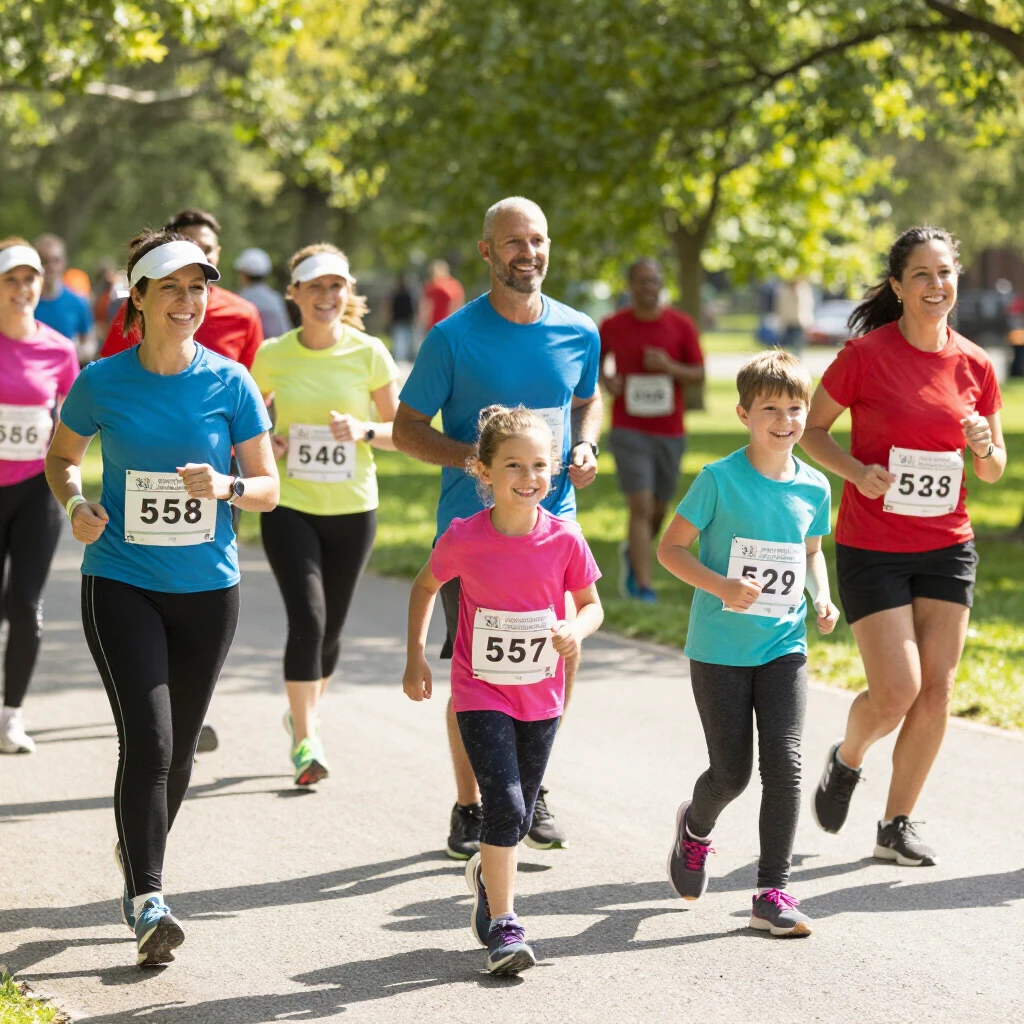Group enjoying a family fun run 5K race on a sunny day