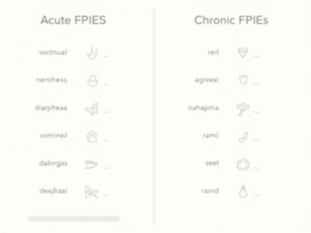 Table comparing symptoms of acute FPIES vs chronic FPIES for easy understanding.