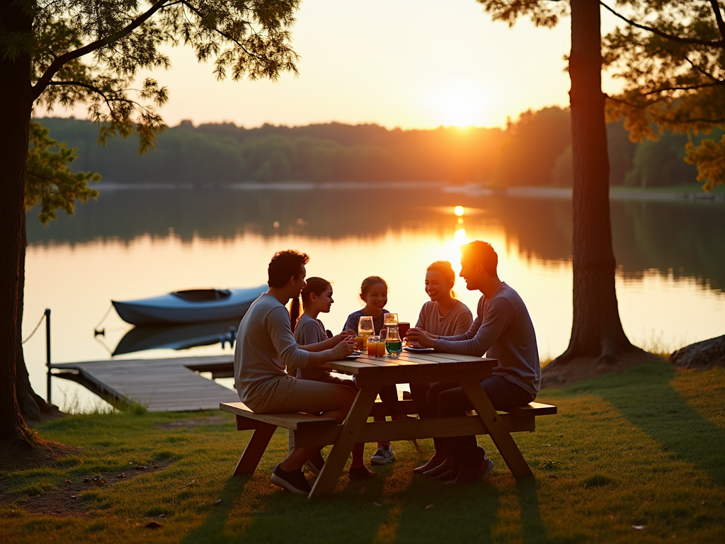 Family enjoying a meal at a lakeside campsite.