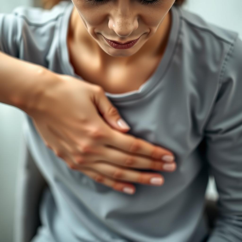 Person experiencing stomach discomfort, possibly due to chronic vomiting or gastrointestinal issues.