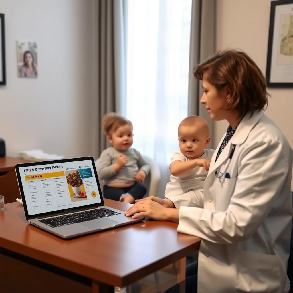 A pediatrician discussing an FPIES emergency plan with a parent and child in a calm office setting.