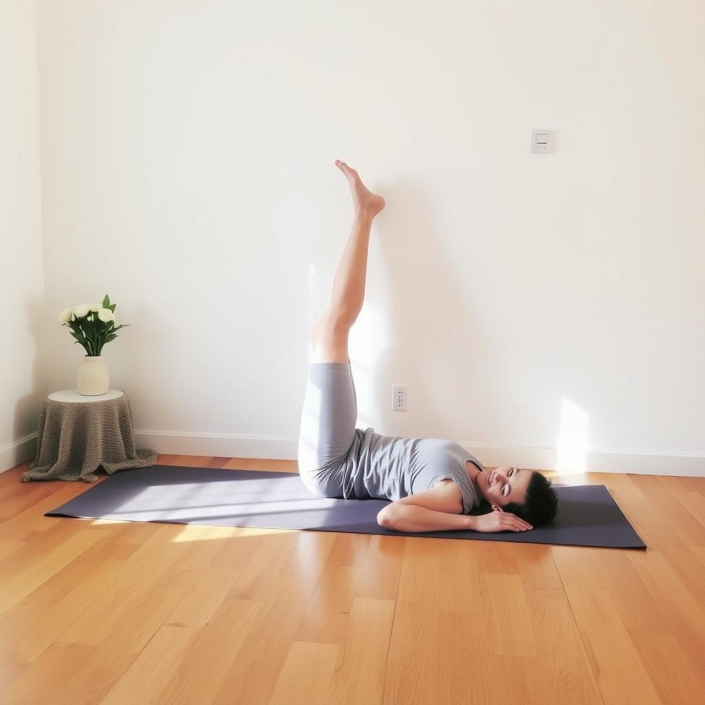 Person practicing Legs-Up-the-Wall yoga pose in a cozy room with wooden floors and fresh flowers.