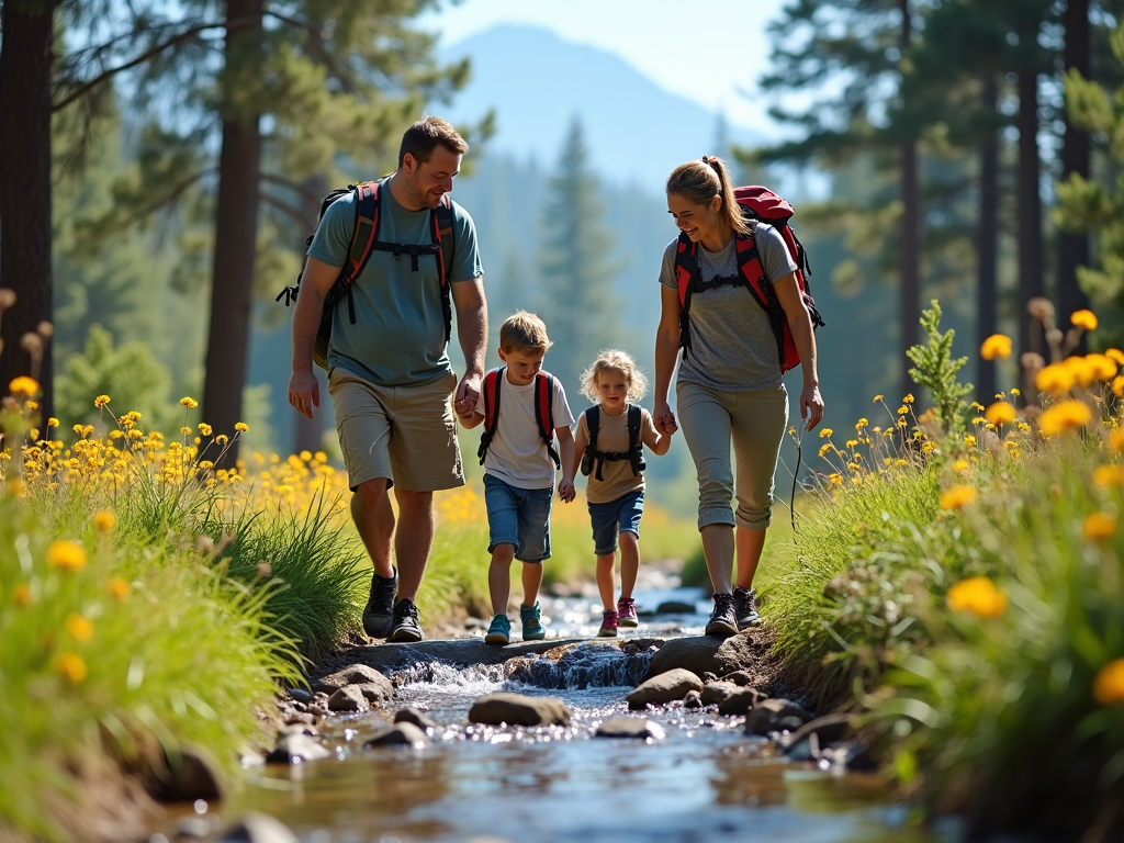 Family hiking together on a forest trail