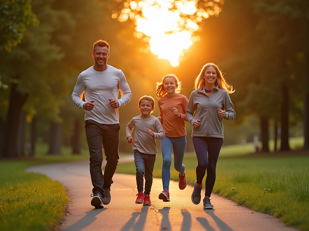 Family jogging in park at sunset