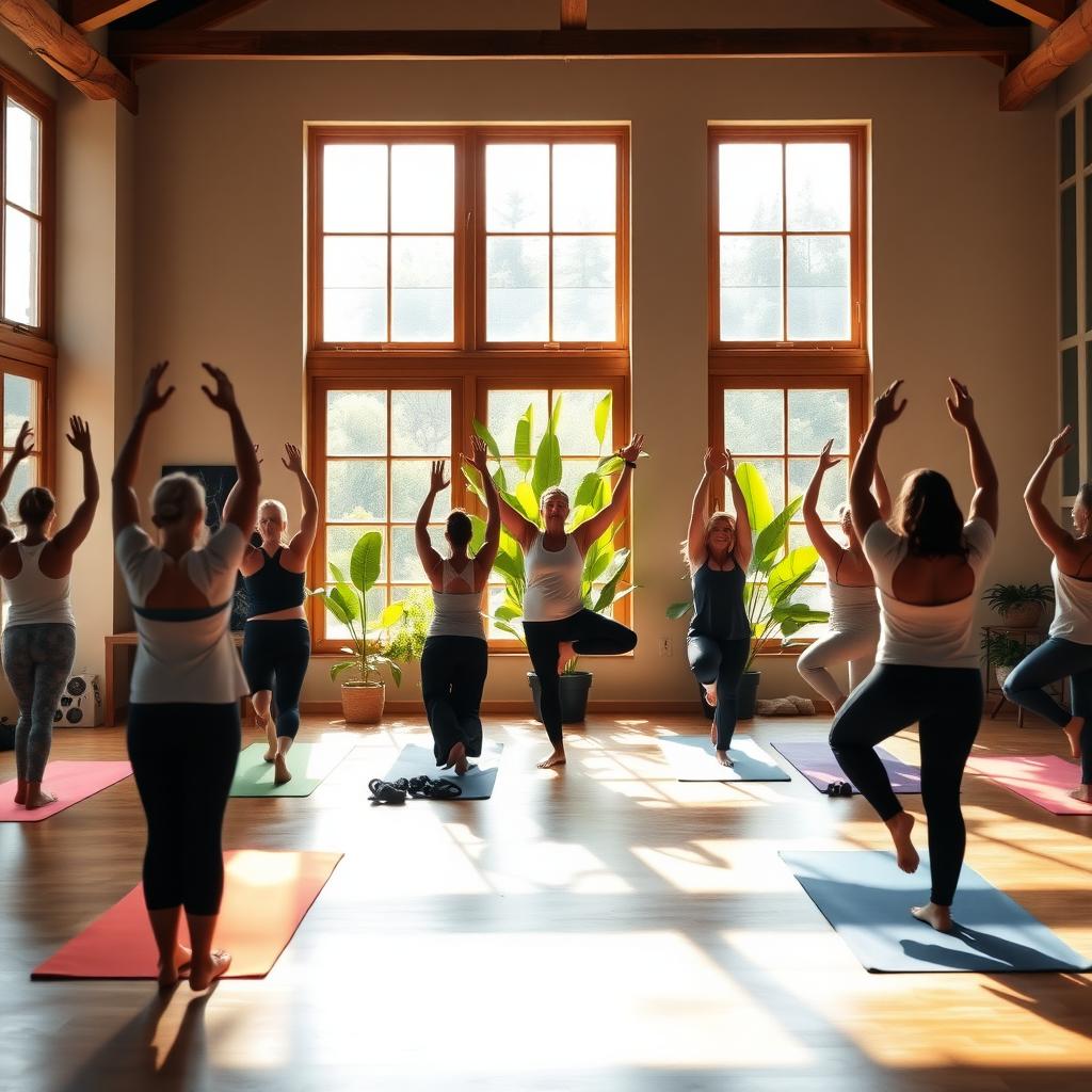 A diverse group practicing tree pose in a bright yoga studio with plants.