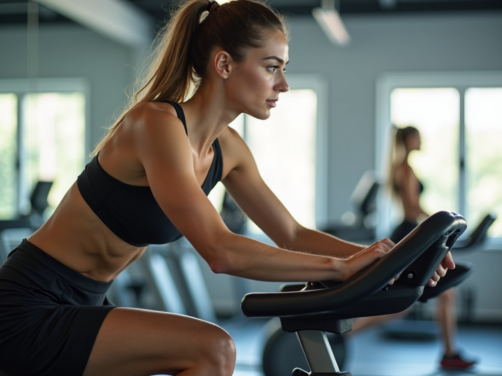 Runner cross-training on a bike in the gym.