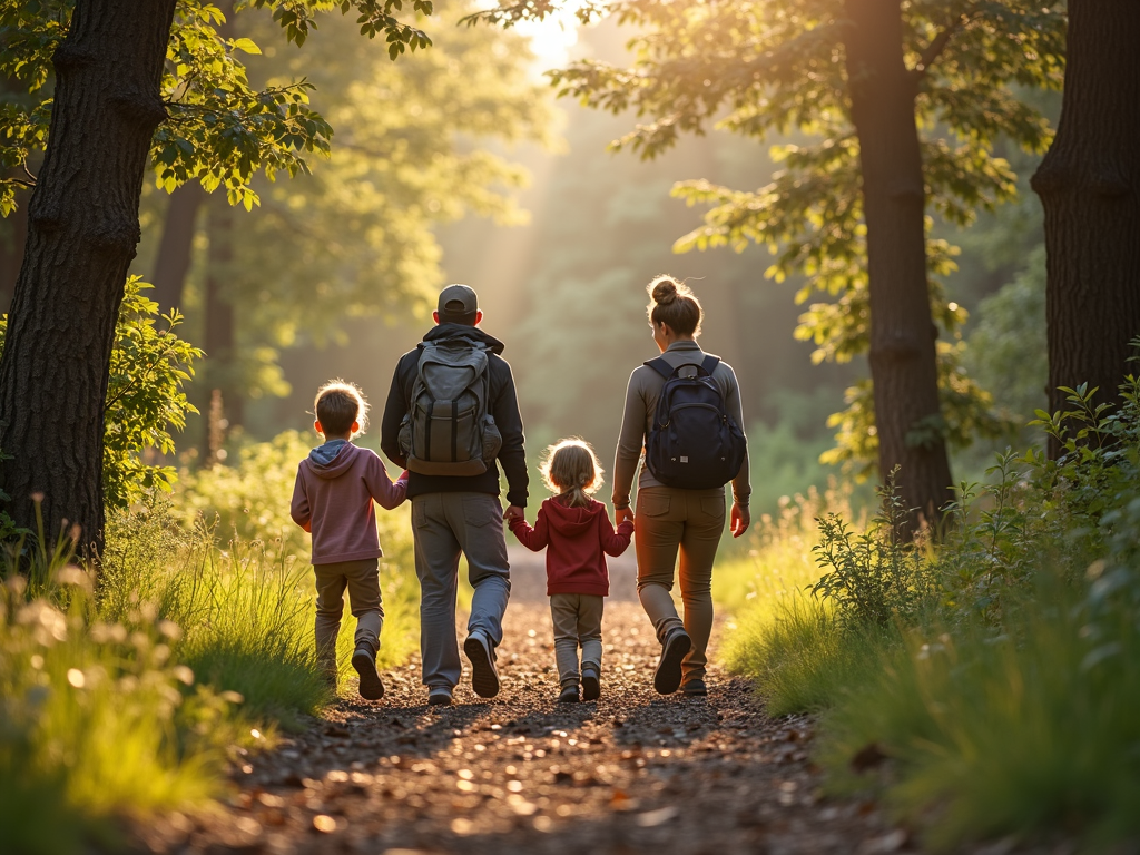 Family hiking together on a scenic forest trail.
