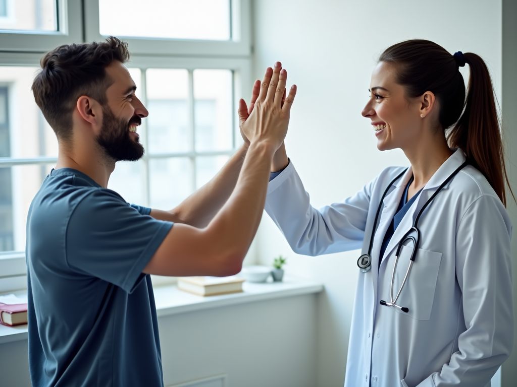 A patient and doctor celebrating progress.