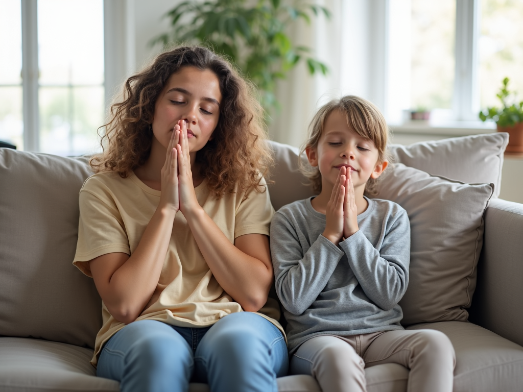 A parent teaching their child deep breathing techniques to manage stress.