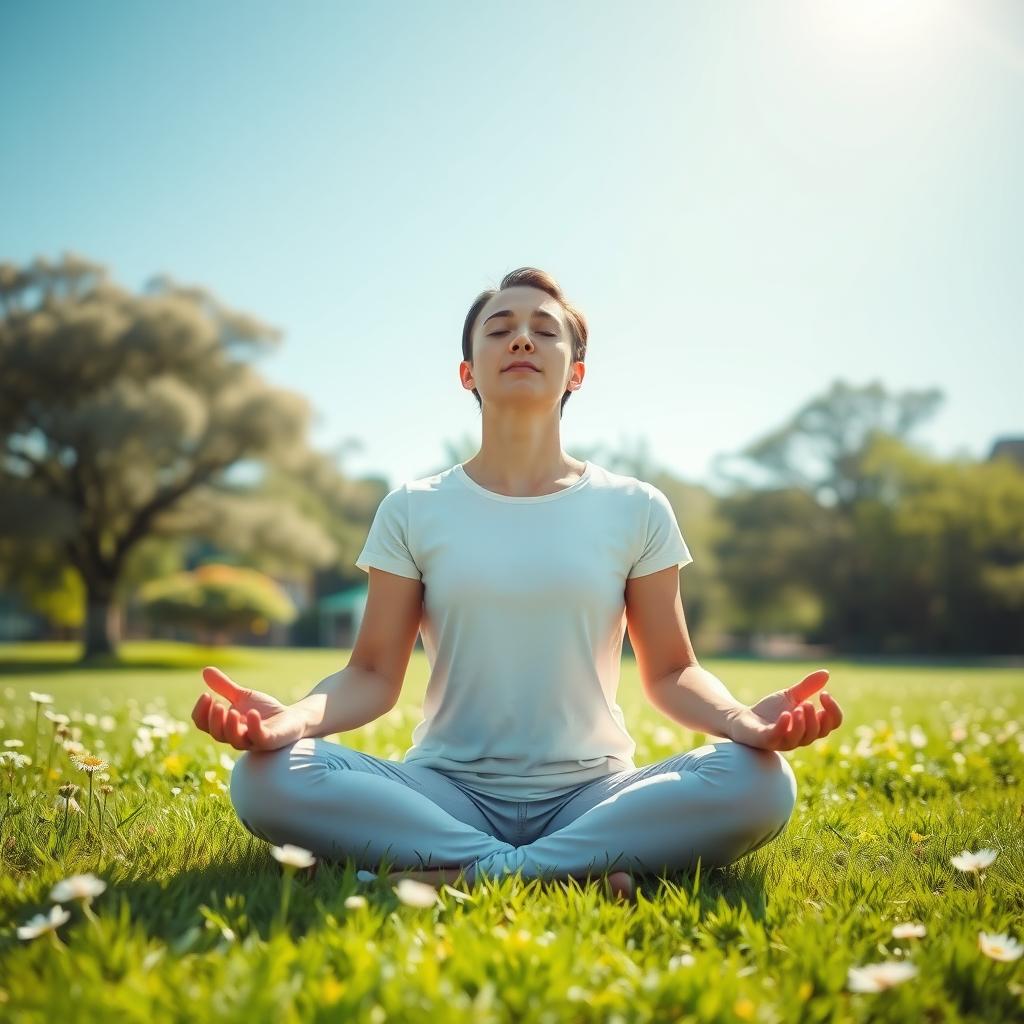 Person meditating in a peaceful park, surrounded by green grass and flowers under a clear blue sky.