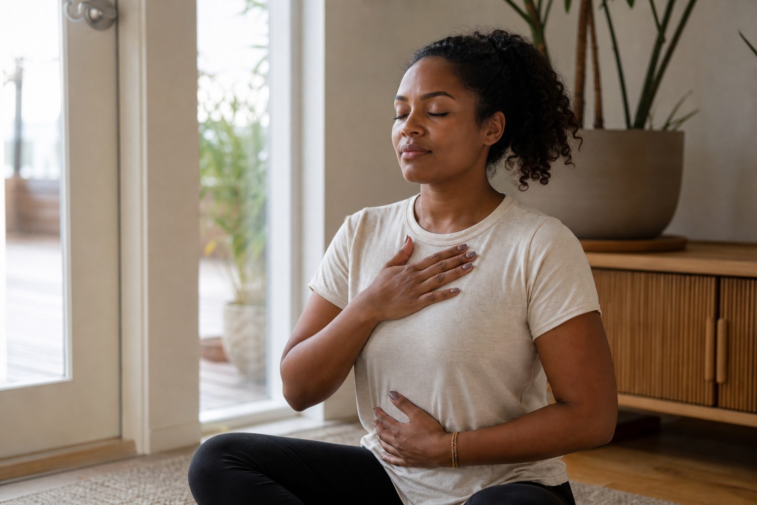 Woman practicing everyday calm techniques for stress relief
