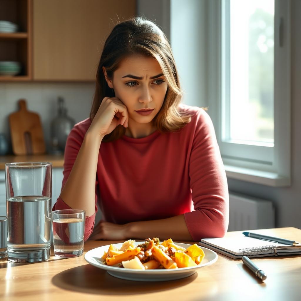 Woman at kitchen table concerned about food and symptoms