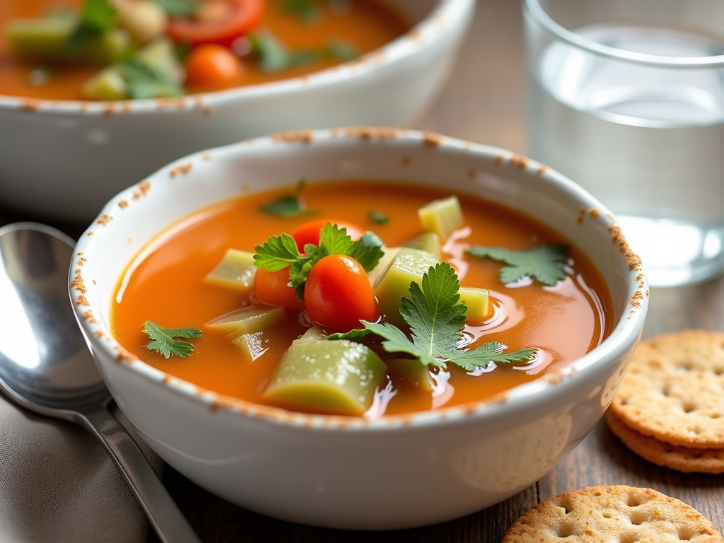 A hearty lunch of vegetable soup and gluten-free crackers, safe for children with FPIES.