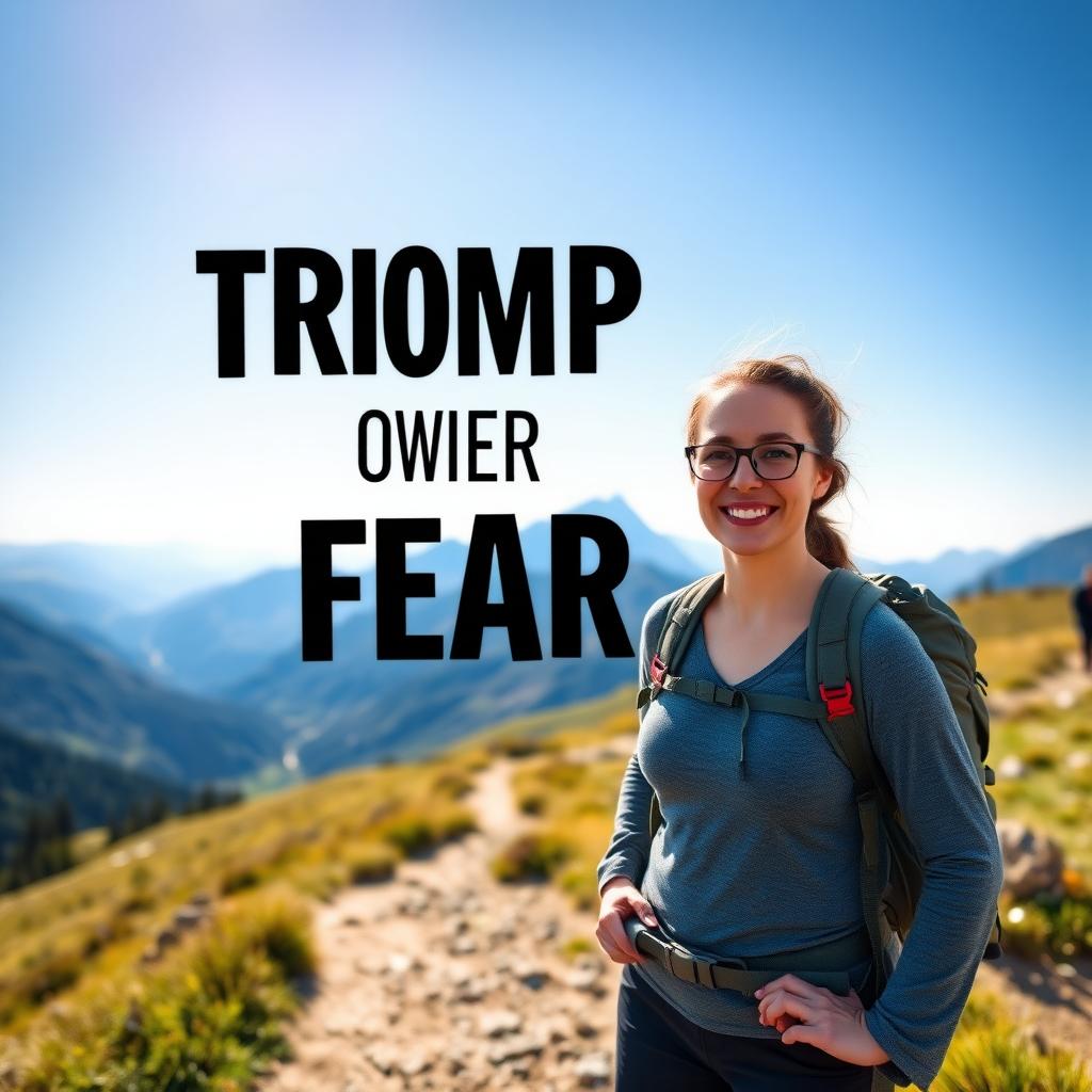 A woman in hiking gear stands on a mountain trail, smiling with a scenic valley in the background.