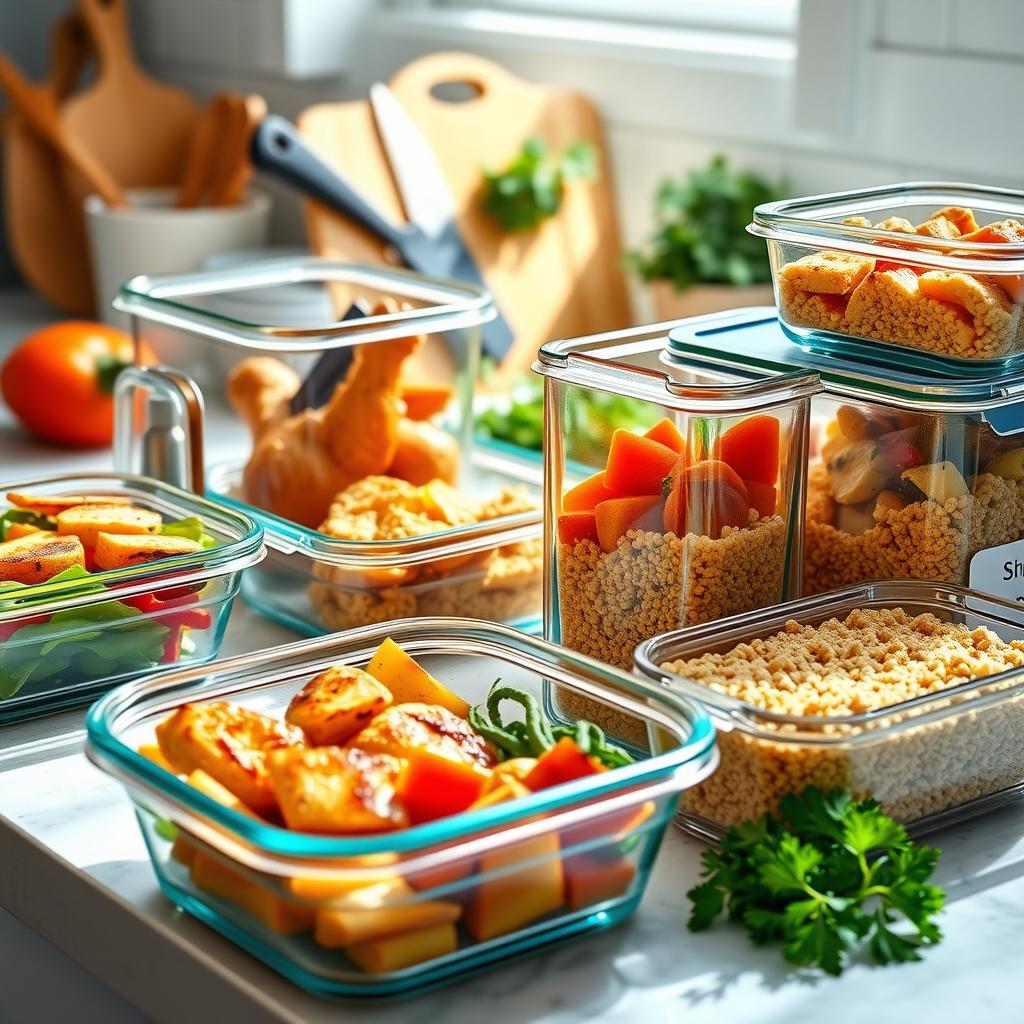 Glass containers filled with grilled chicken, roasted vegetables, and quinoa on a bright kitchen counter.