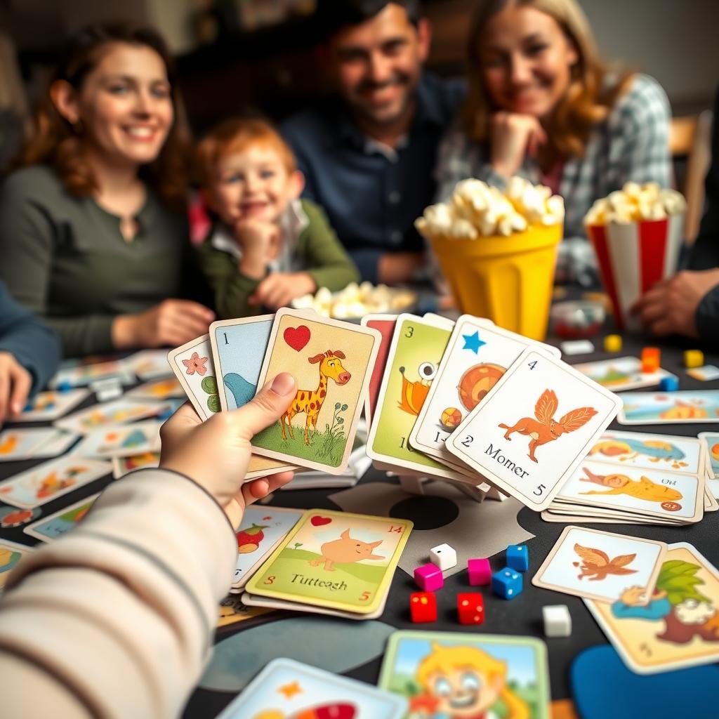 A child’s hands holding colorful game cards on a table with dice, tokens, and popcorn in a lively family game night scene.