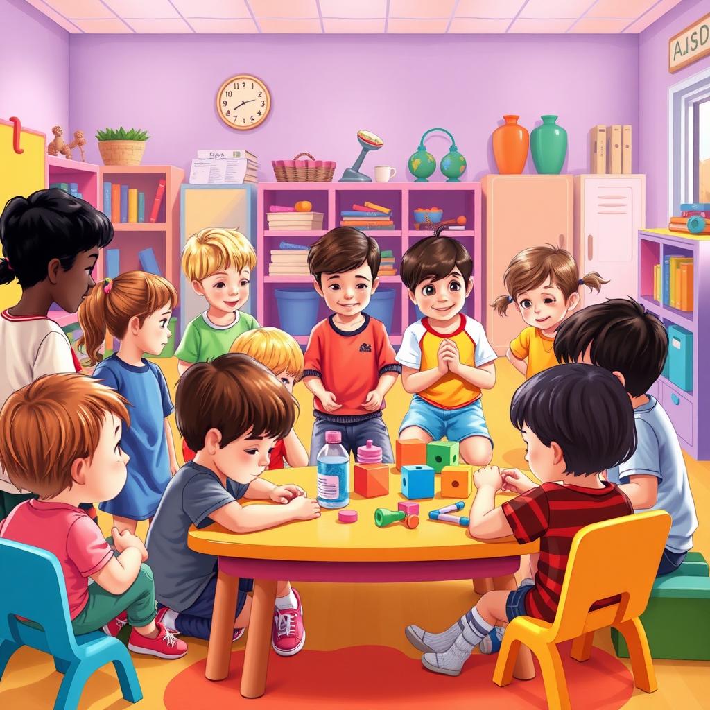 Illustration of children with diverse behaviors playing in a colorful classroom, representing the autism spectrum.