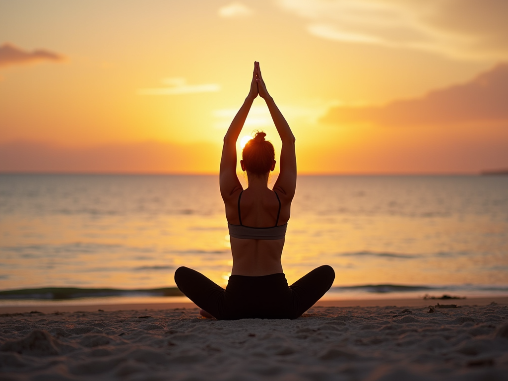 Person practicing yoga on a beach at sunrise