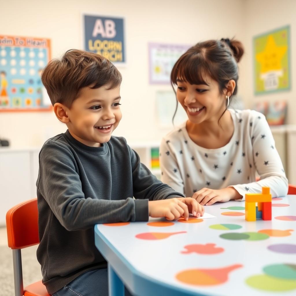 A child and ABA therapist working together in a bright therapy room with educational toys.