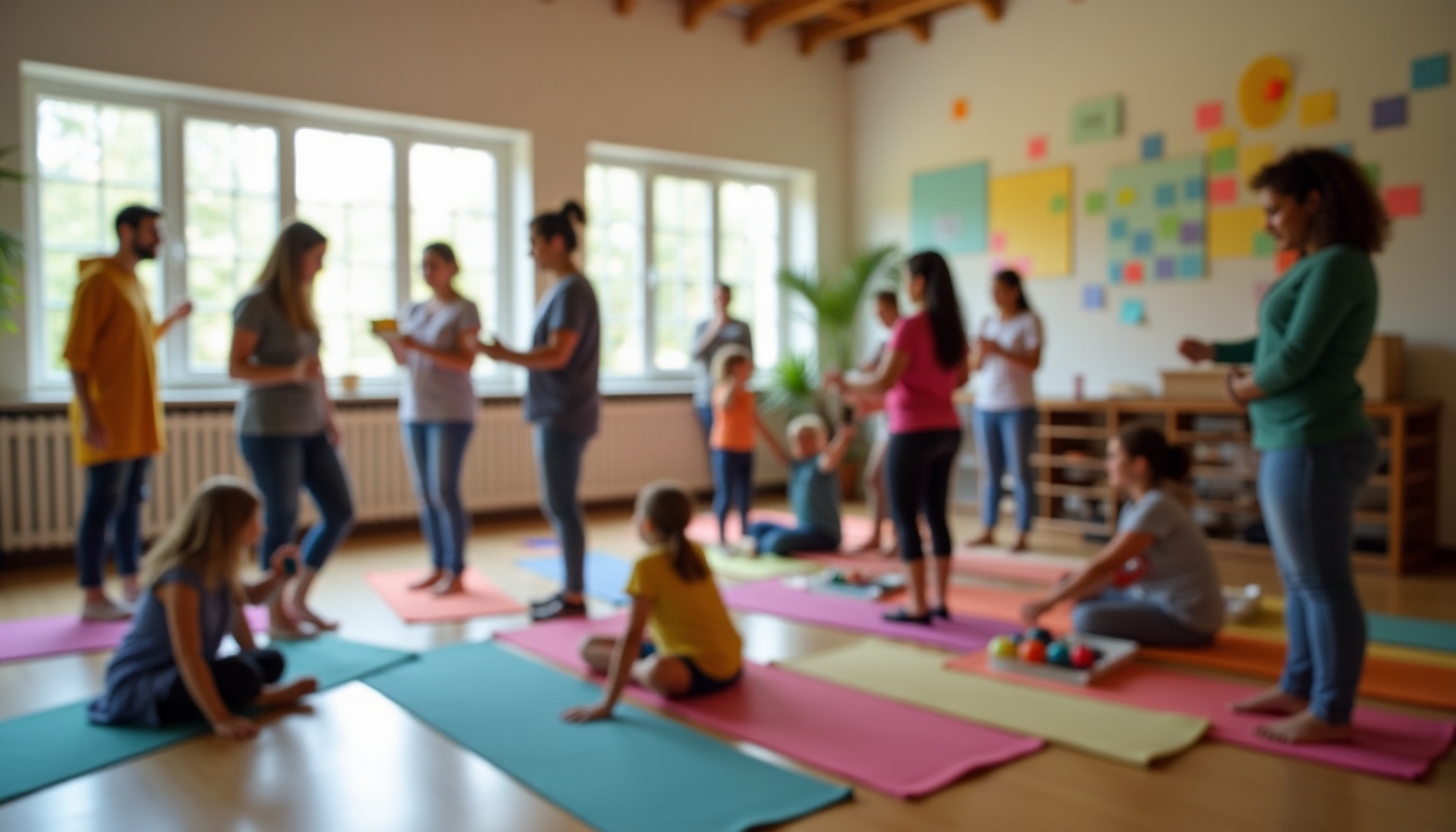 A lively community center bustling with activities, with families engaging in various wellness classes.