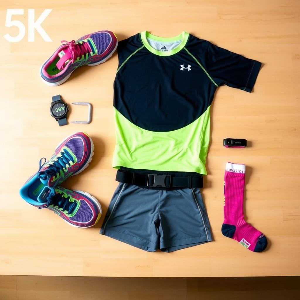 A flat-lay of 5K race gear, including running shoes, a smartwatch, clothing, and a hydration belt on a wooden table.