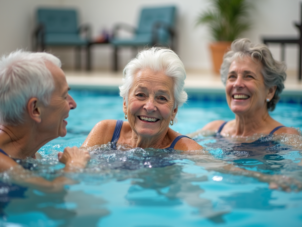 A group of older adults participating in a swimming class, smiling and enjoying the activity