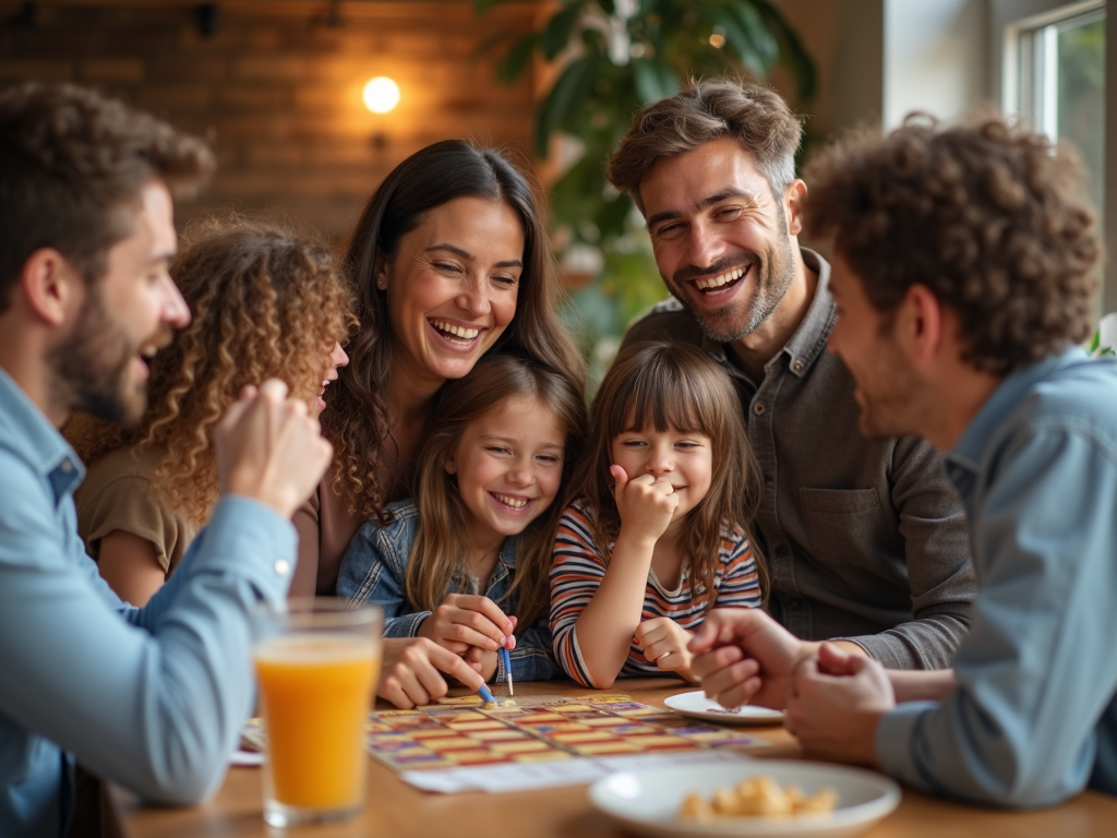 Family playing a board game together.