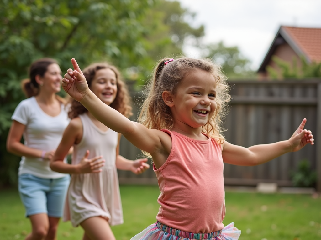 Family dancing together in the backyard
