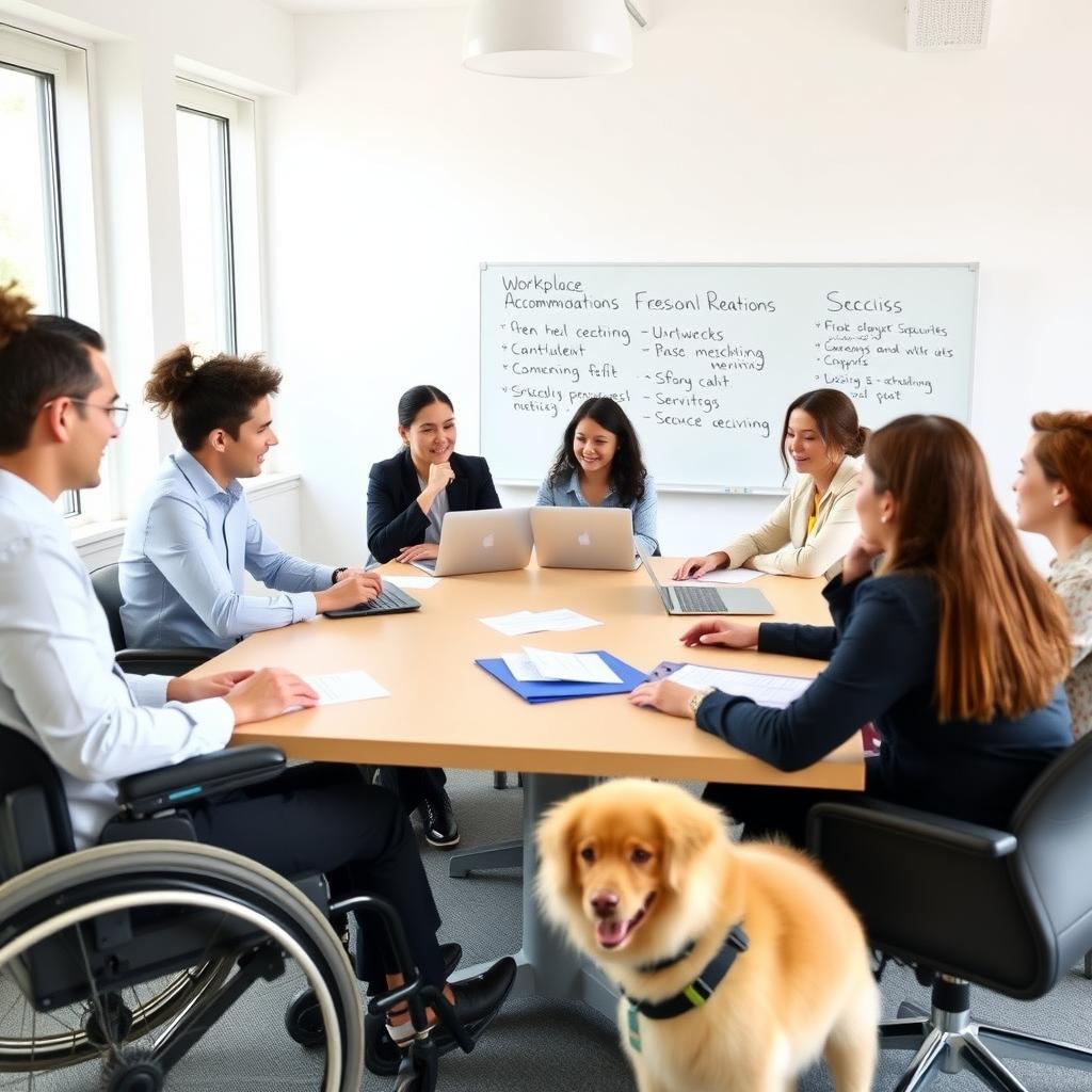 Diverse professionals discussing workplace accommodations in a bright, modern office.