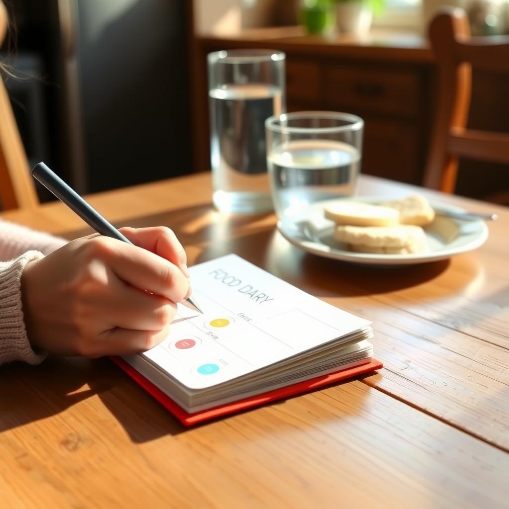 Parent writing in a food diary with FPIES-safe foods on a kitchen table