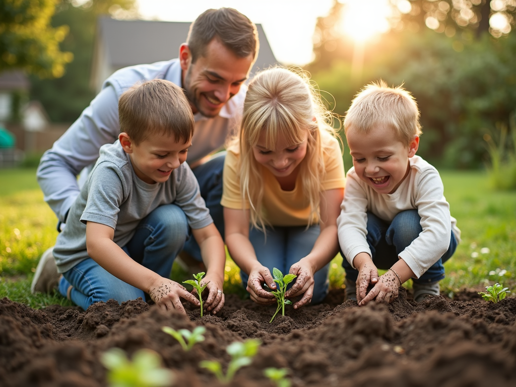 A family gardening together in a sunny backyard.