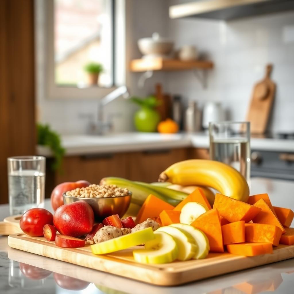 A kitchen counter with FPIES-safe foods, including sliced apples, bananas, and sweet potatoes, alongside quinoa and water.