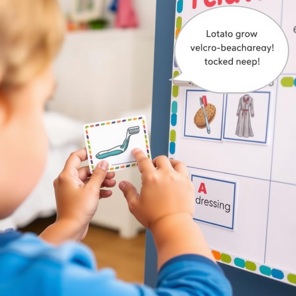 A child’s hands placing a toothbrush card on a colorful visual schedule in a cozy bedroom, designed for children with special needs.