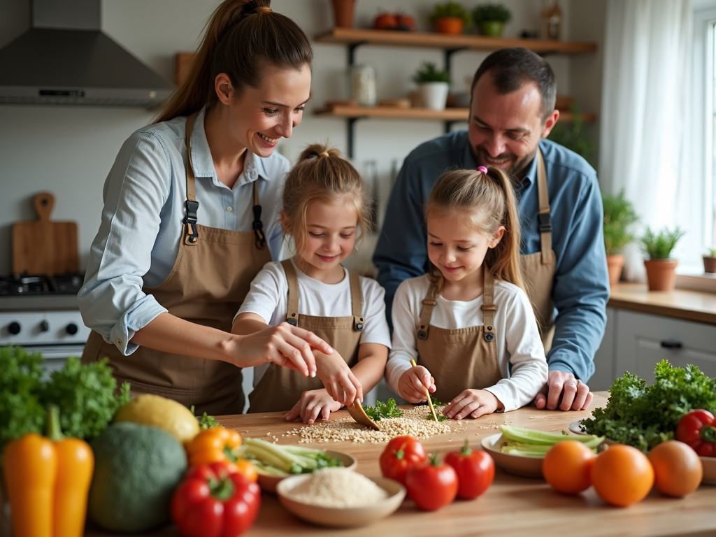 Family collaborating on a healthy meal preparation.
