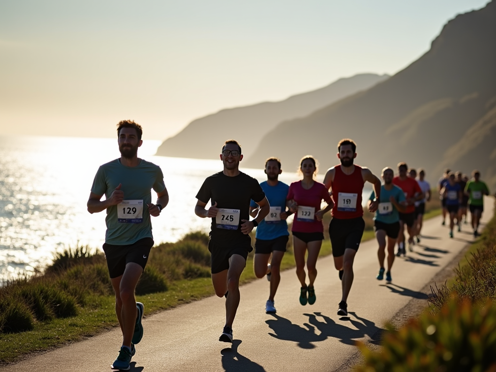 Runners enjoying a scenic 5K race by the ocean.