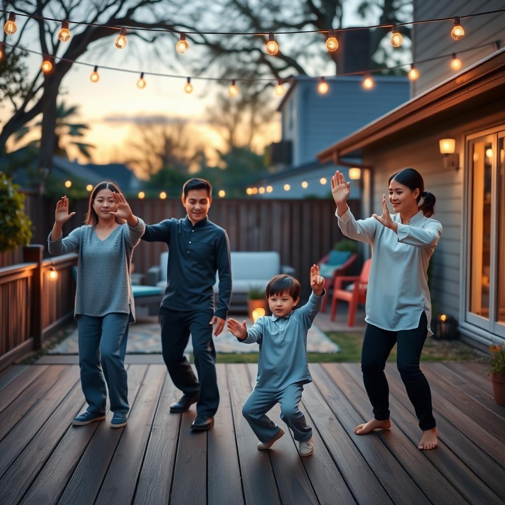 Family practicing Tai Chi in their backyard at dusk
