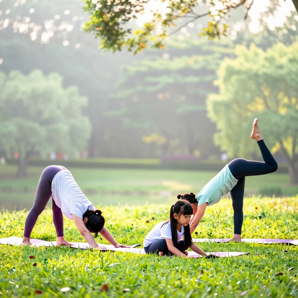 Family enjoying outdoor yoga session in the park