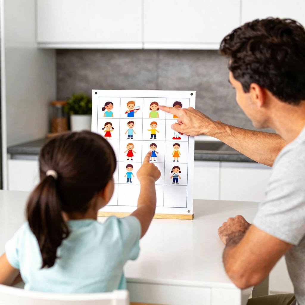 Family using a visual schedule chart at the kitchen table