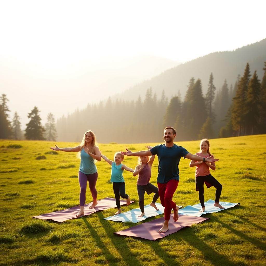 A family of four practicing yoga in a grassy clearing surrounded by a lush forest at sunrise.
