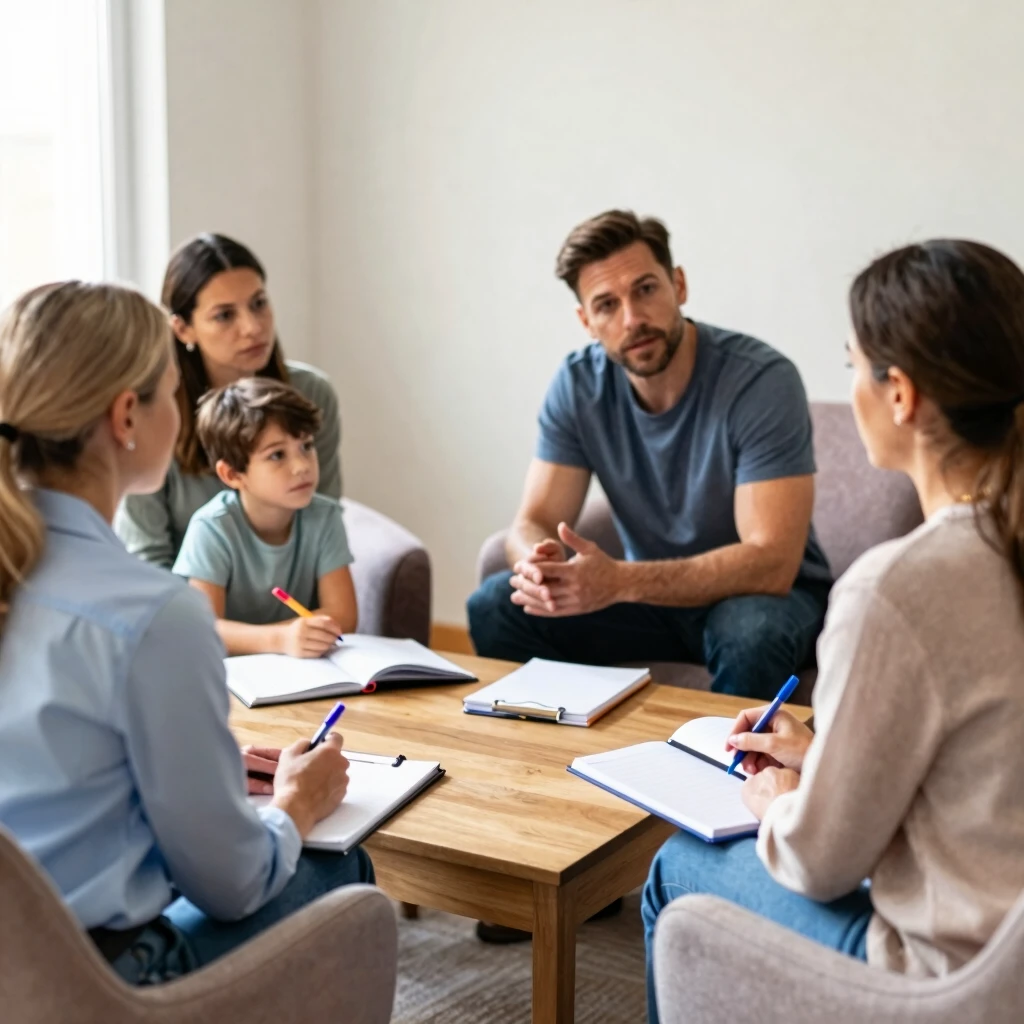 Therapist leading family therapy session with behavioral therapy elements