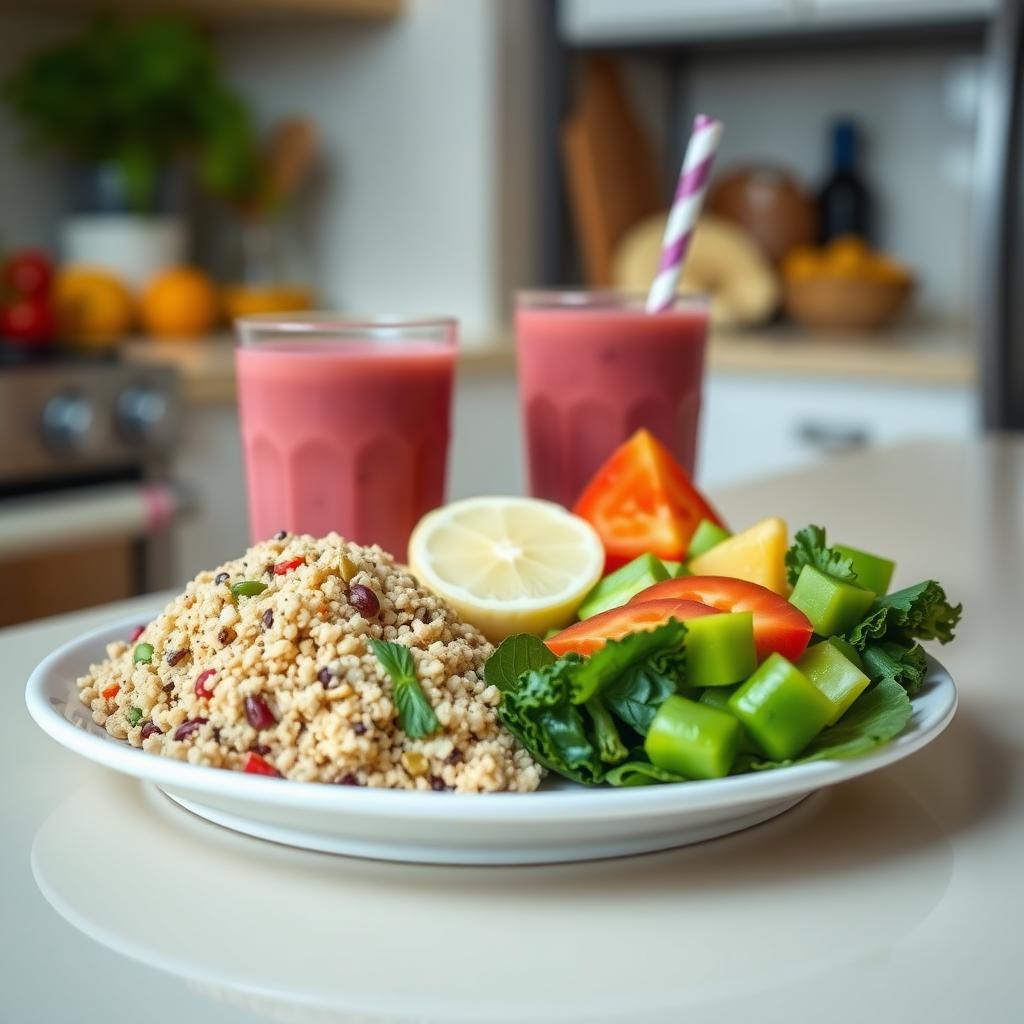 A vibrant, FPIES-friendly meal with quinoa, steamed vegetables, and a fruit smoothie on a bright kitchen counter.